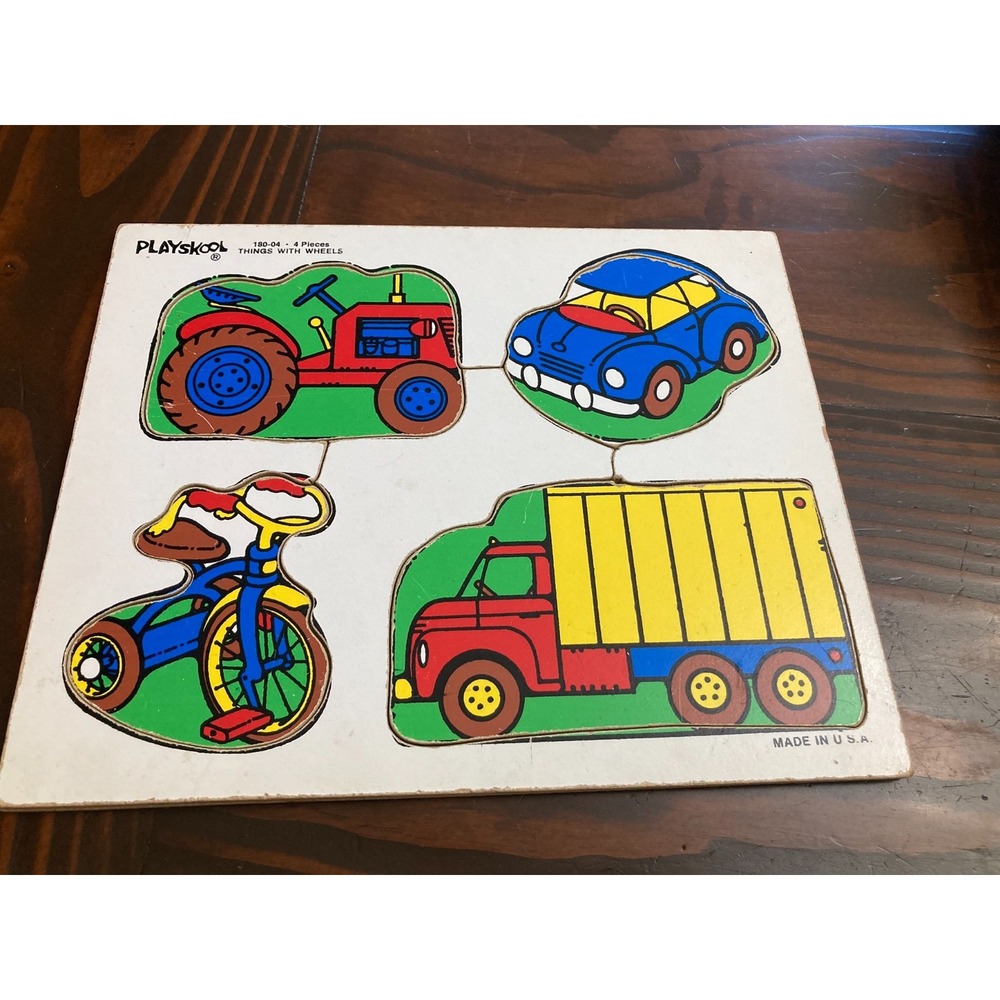 Vintage Playskool Wooden Puzzle Things with Wheels 4 Pcs 180-04 Made in USA